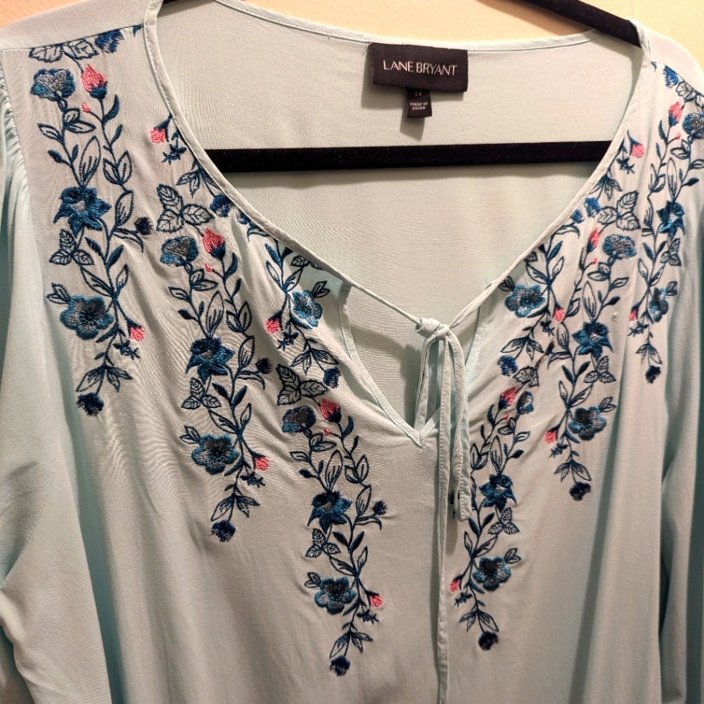 Lane Bryant Pink & Blue Blouse Embroidered Floral Tie Front Balloon Sleeve- 14 - Picture 6 of 14